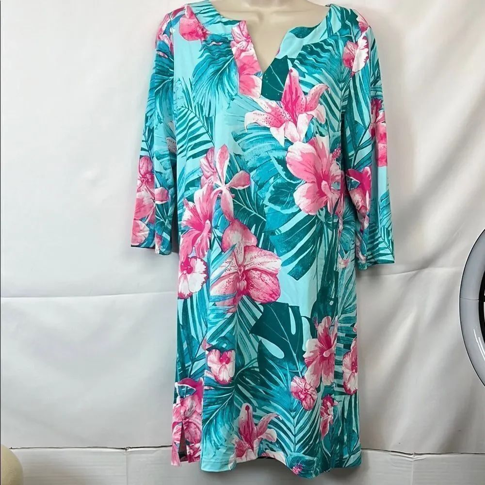 Caribbean Joe Floral tropical aqua and pink dress EUC size Medium